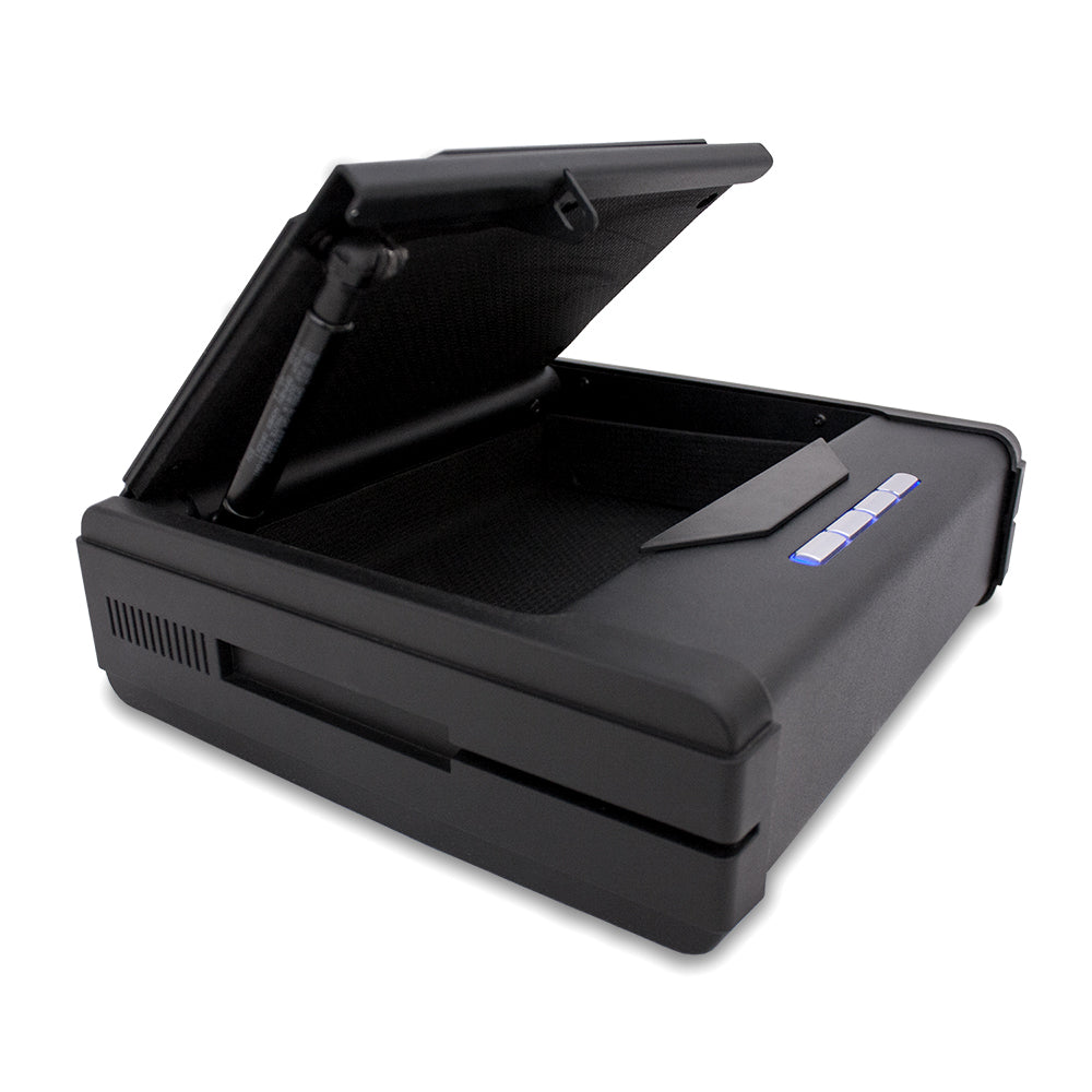 MESA MPS1 handgun safe open view, showcasing all-steel construction and storage for one handgun and two magazines.