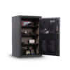 Image of Winchester Home 12 fireproof home safe with electronic lock showcasing interior compartments and open door.