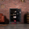 Image of Winchester Home fireproof safe with electronic lock, open to reveal contents in a stylish home interior.