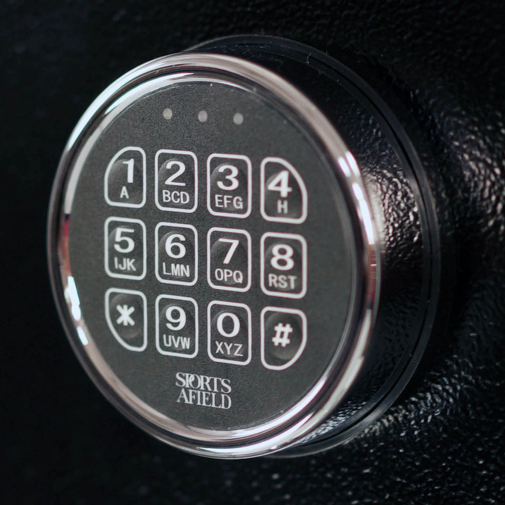 Close-up of the electronic lock keypad on Sports Afield Preserve Series 18-gun fire and waterproof gun safe.