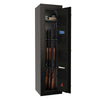 Image of Interior view of Sports Afield Domain Series fireproof gun safe with electronic lock, showcasing rifles and pocket door organizer.