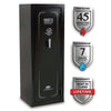 Image of Sports Afield Preserve Series gun safe featuring fire rating, waterproof protection, and lifetime warranty icons.