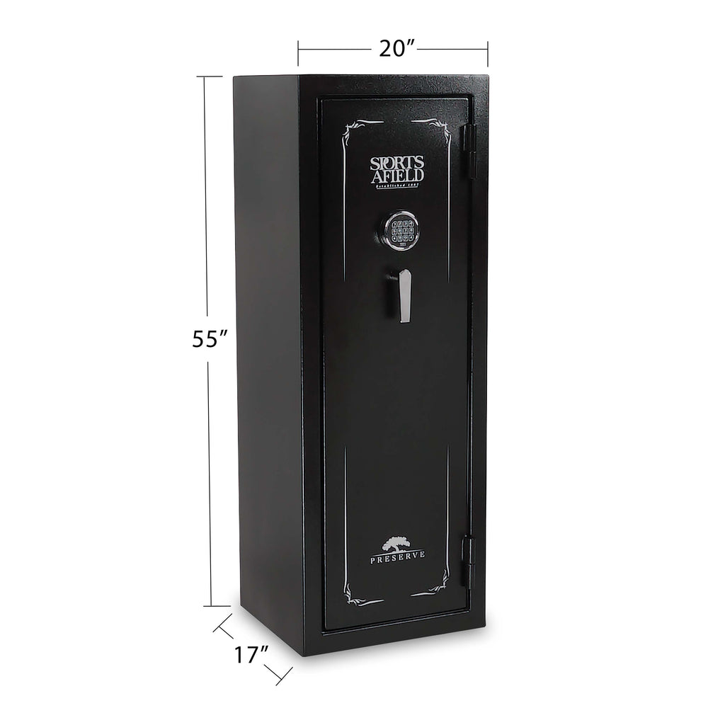 Sports Afield Preserve Series 18-gun safe dimensions 55" x 20" x 17", featuring a secure electronic lock and robust design.