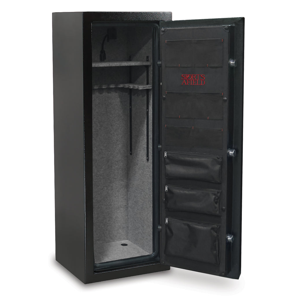 Interior view of Sports Afield Preserve Series 18-gun safe with electronic lock, showcasing storage options and protective design.