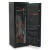 Image of Open Sports Afield Preserve Series gun safe showcasing long guns and storage pockets for accessories.
