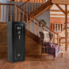 Image of Sports Afield Preserve 18-Gun Fire and Waterproof Gun Safe in a cozy home setting with wooden accents and a plaid chair.