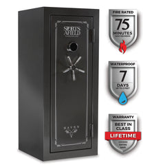 Sports Afield Haven 24-gun safe featuring 75-minute fire rating, waterproof protection, and lifetime warranty benefits.