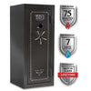 Image of Sports Afield Haven 24-gun safe featuring 75-minute fire rating, waterproof protection, and lifetime warranty benefits.