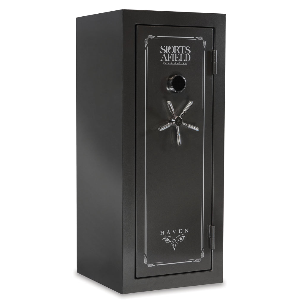 Sports Afield Haven 24-Gun Fire and Waterproof Electronic Lock Gun Safe in black with locking mechanism and secure design.