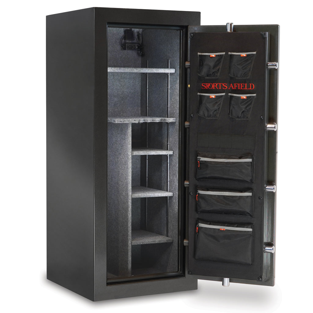 Sports Afield Haven 24-Gun Fire and Waterproof Gun Safe with shelves and organizational pockets for added security.