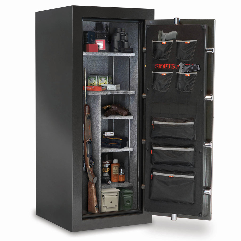 Sports Afield Haven 24-gun safe with open door showcasing firearms and storage compartments for valuables and ammunition.