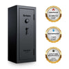 Image of Remington Gun Club 20 + 2-Gun Fireproof Waterproof Gun Safe with electronic lock and warranty badges.