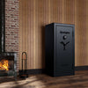Image of Remington Gun Club fireproof waterproof gun safe in a rustic setting with a fireplace.