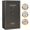 Image of Remington Express 34 fireproof waterproof gun safe with electronic lock, featured with fireproof, waterproof, and warranty icons.