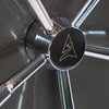Image of Close-up of Sports Afield gun safe handle showcasing chrome locking mechanism and logo detail.