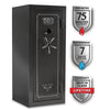 Image of Sports Afield Haven 24-gun safe featuring 75-minute fire rating, waterproof protection, and lifetime warranty benefits.