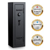 Image of Remington Gun Club fireproof and waterproof gun safe with electronic lock, showcasing safety certifications and features.